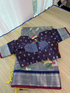 Muslin Jamdani Saree with Kanchi Border - Silver border