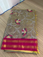 Muslin Jamdani Saree with Kanchi Border - Green/Pink