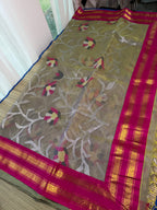 Muslin Jamdani Saree with Kanchi Border - Green/Pink