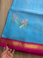 Muslin Jamdani Saree with Kanchi Border - Blue/Pink