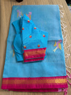 Muslin Jamdani Saree with Kanchi Border - Blue/Pink