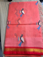 Muslin Jamdani Saree with Kanchi Border - Peach/Red