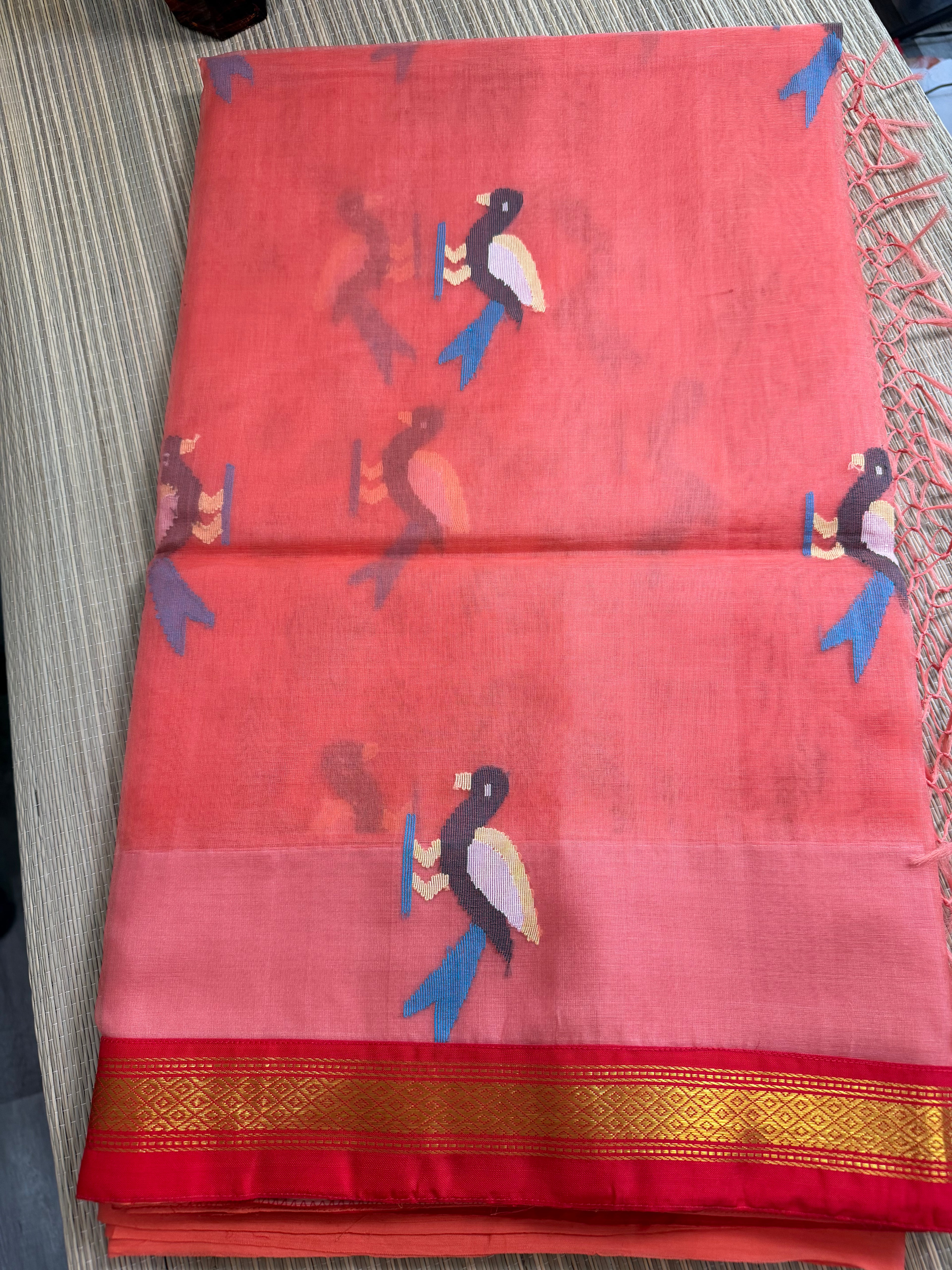 Muslin Jamdani Saree with Kanchi Border - Peach/Red