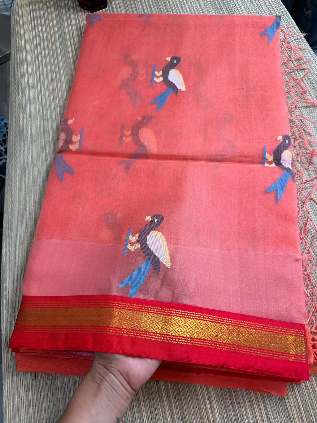 Muslin Jamdani Saree with Kanchi Border - Peach/Red