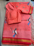 Muslin Jamdani Saree with Kanchi Border - Peach/Red