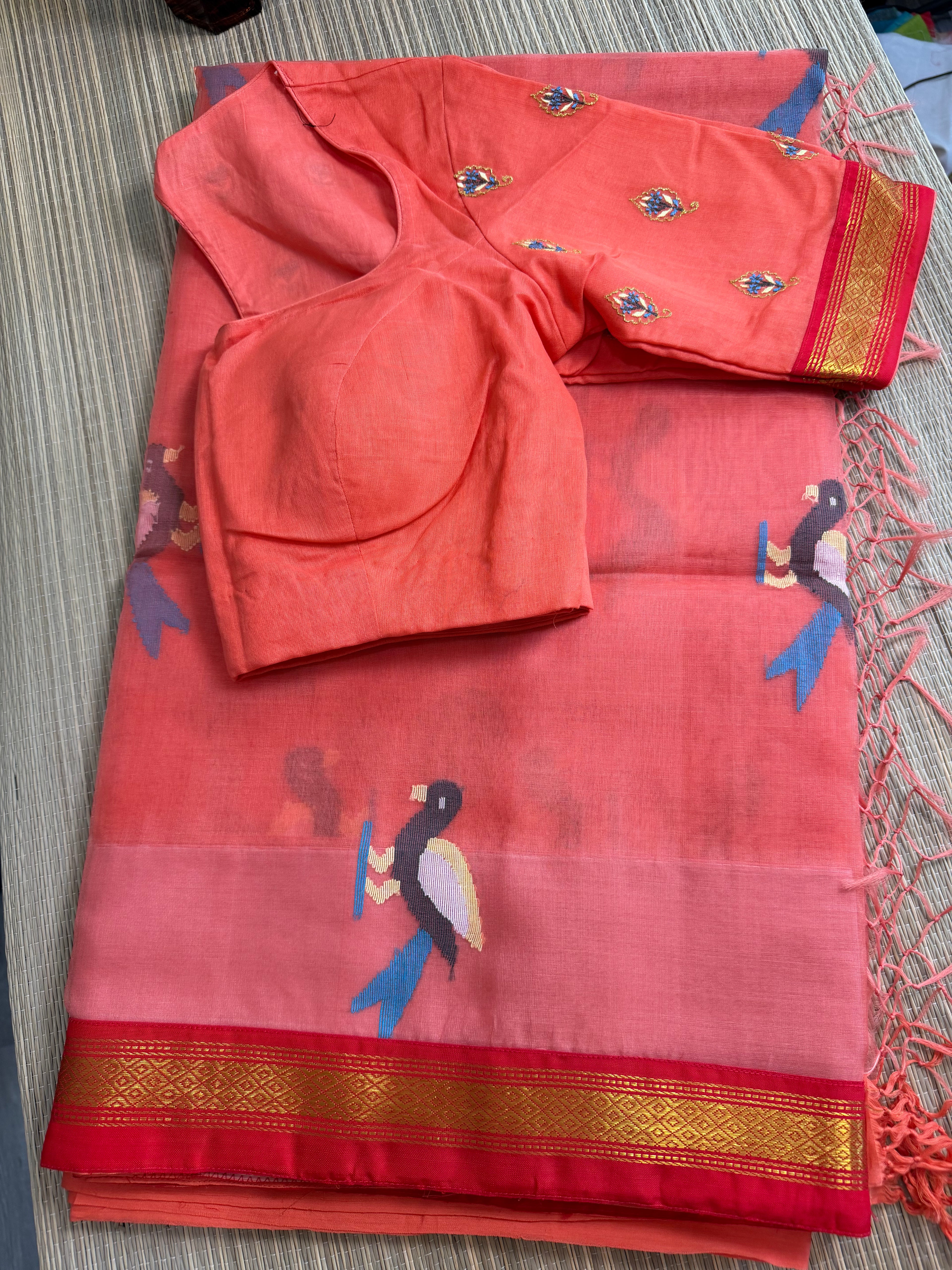 Muslin Jamdani Saree with Kanchi Border - Peach/Red