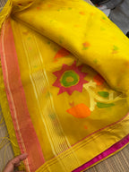 Muslin Jamdani Saree with Kanchi Border - Yellow/Pink