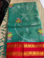 Tissue Muslin Saree with Tissue Raw Silk Embroidered Blouse -Green/Red
