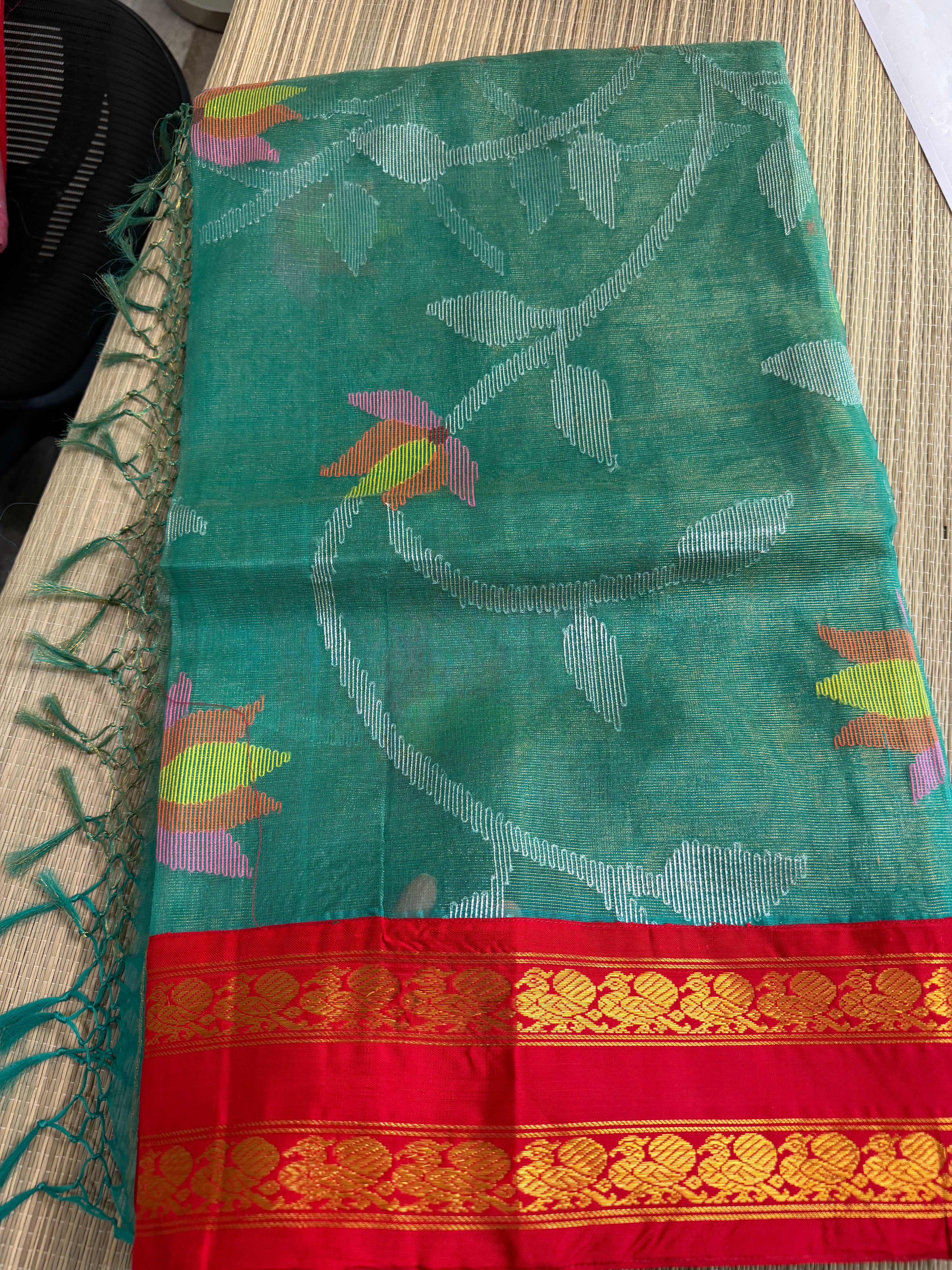 Tissue Muslin Saree with Tissue Raw Silk Embroidered Blouse -Green/Red