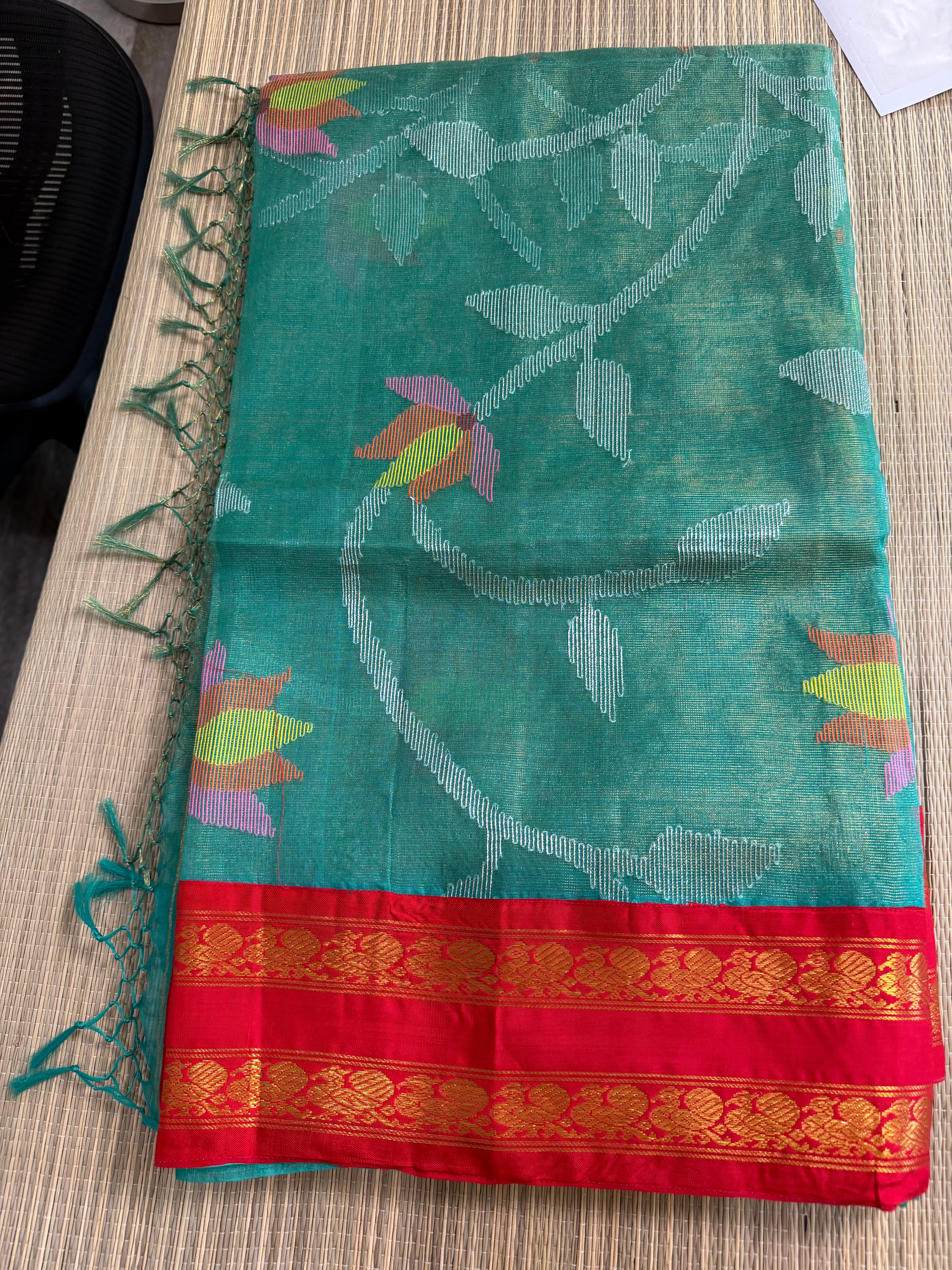 Tissue Muslin Saree with Tissue Raw Silk Embroidered Blouse -Green/Red