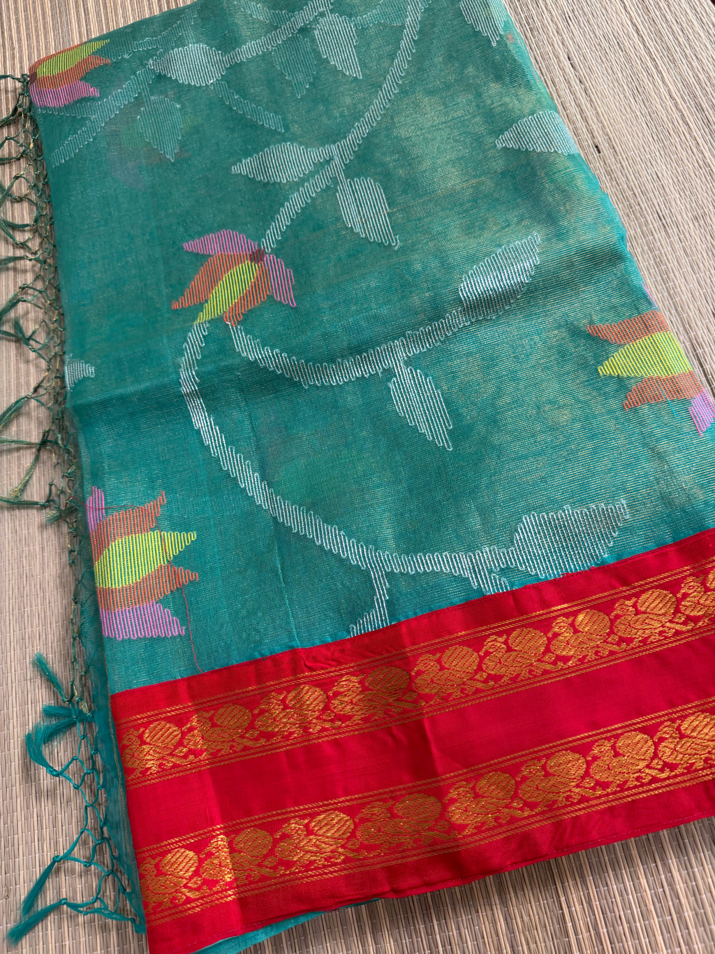 Tissue Muslin Saree with Tissue Raw Silk Embroidered Blouse -Green/Red