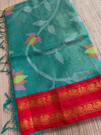 Tissue Muslin Saree with Tissue Raw Silk Embroidered Blouse -Green/Red