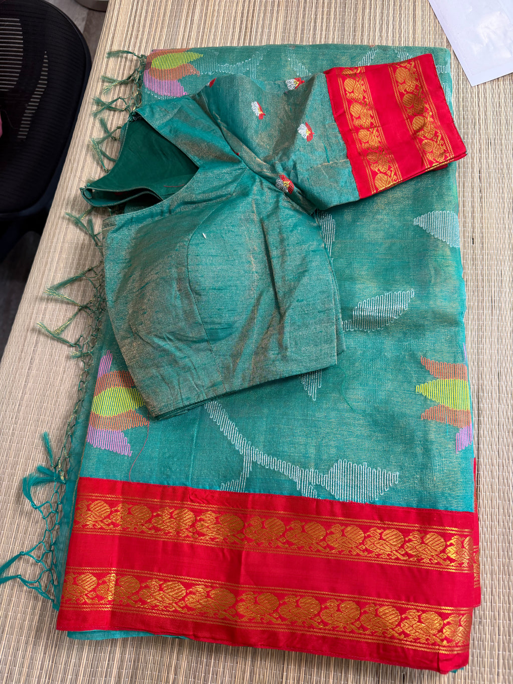 Tissue Muslin Saree with Tissue Raw Silk Embroidered Blouse -Green/Red