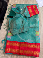 Tissue Muslin Saree with Tissue Raw Silk Embroidered Blouse -Green/Red