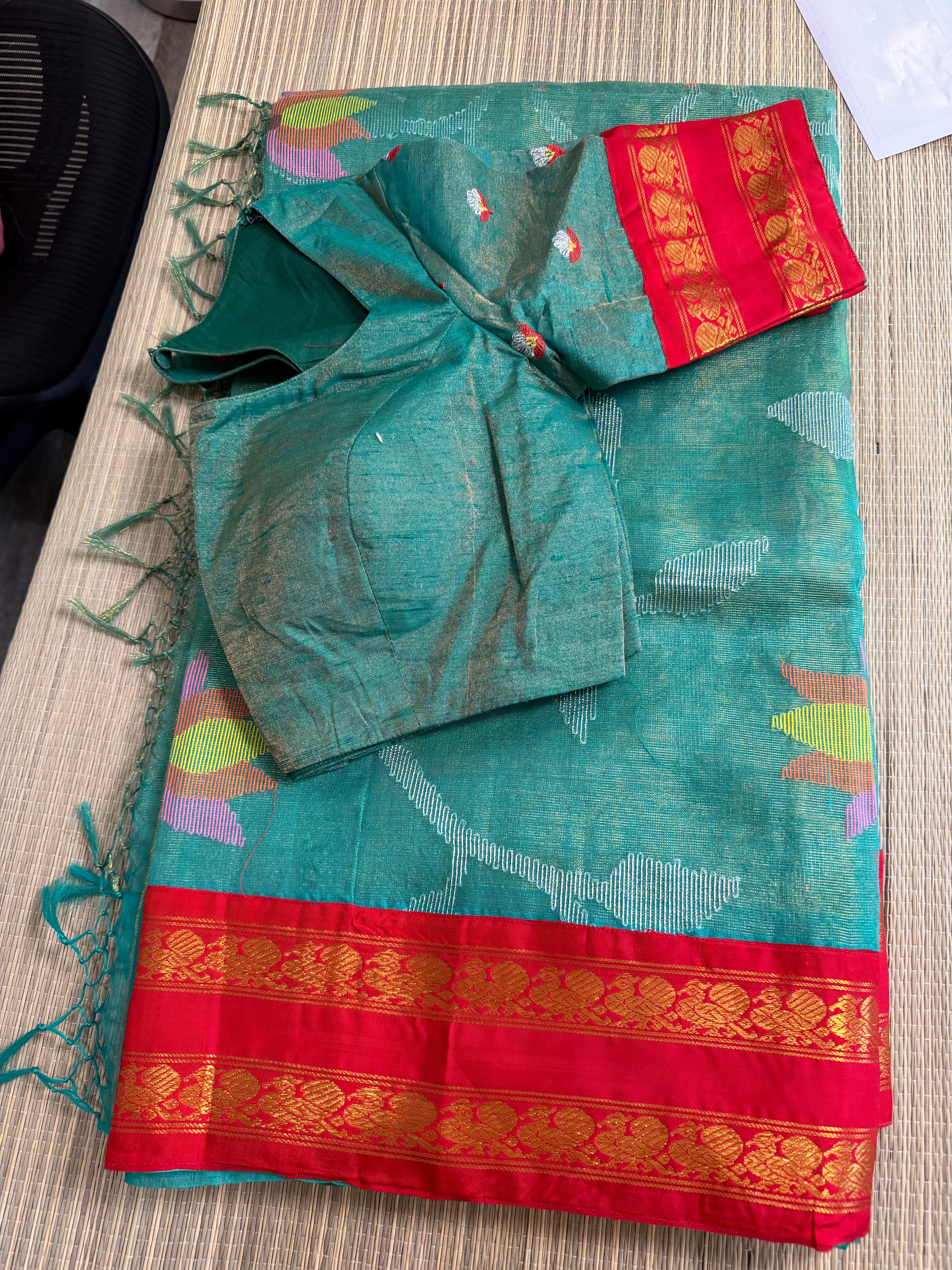 Tissue Muslin Saree with Tissue Raw Silk Embroidered Blouse -Green/Red