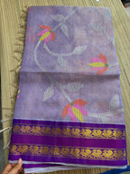 Tissue Muslin Saree with Tissue Raw Silk Embroidered Blouse -Lavendar/violet