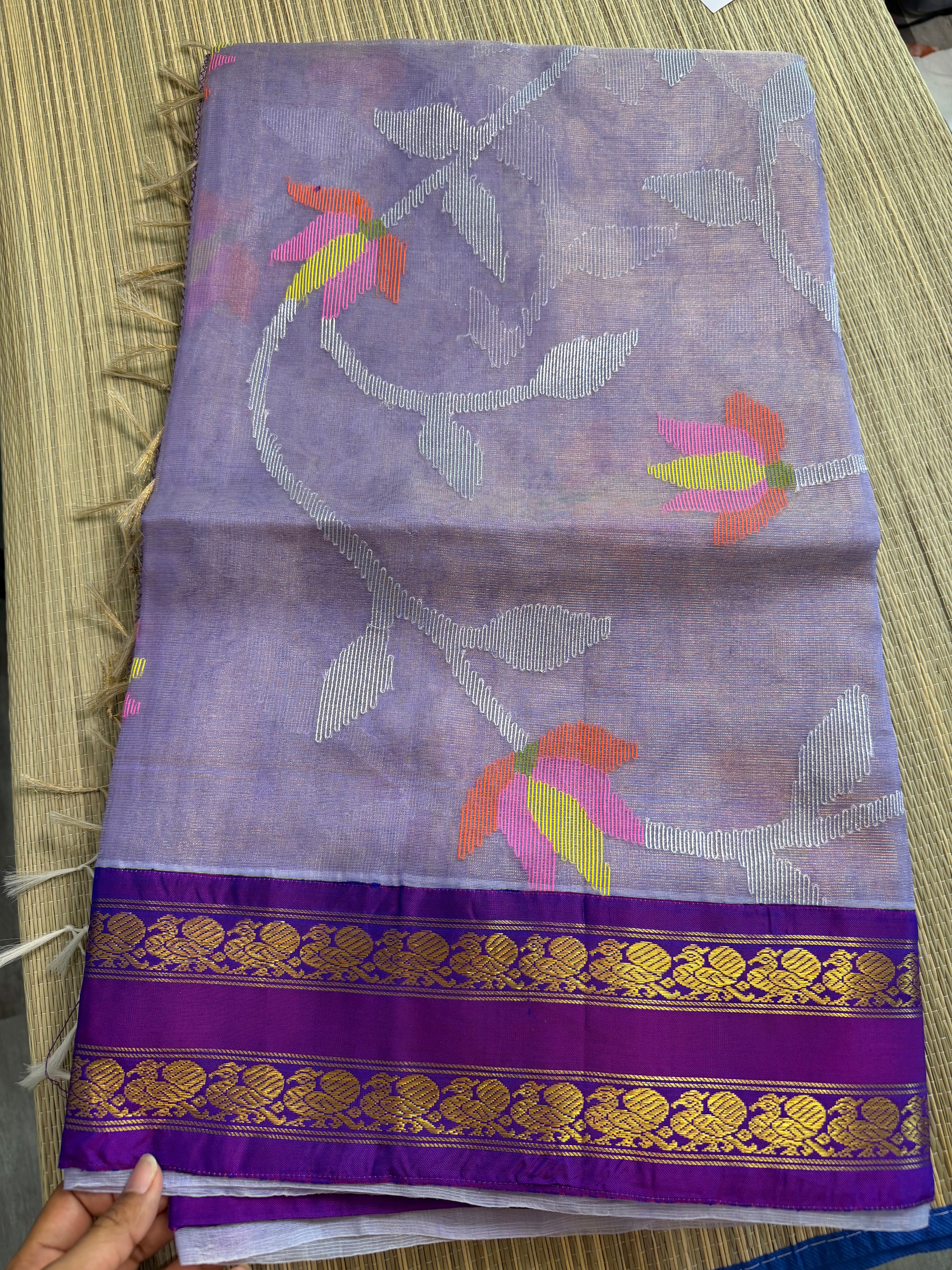 Tissue Muslin Saree with Tissue Raw Silk Embroidered Blouse -Lavendar/violet