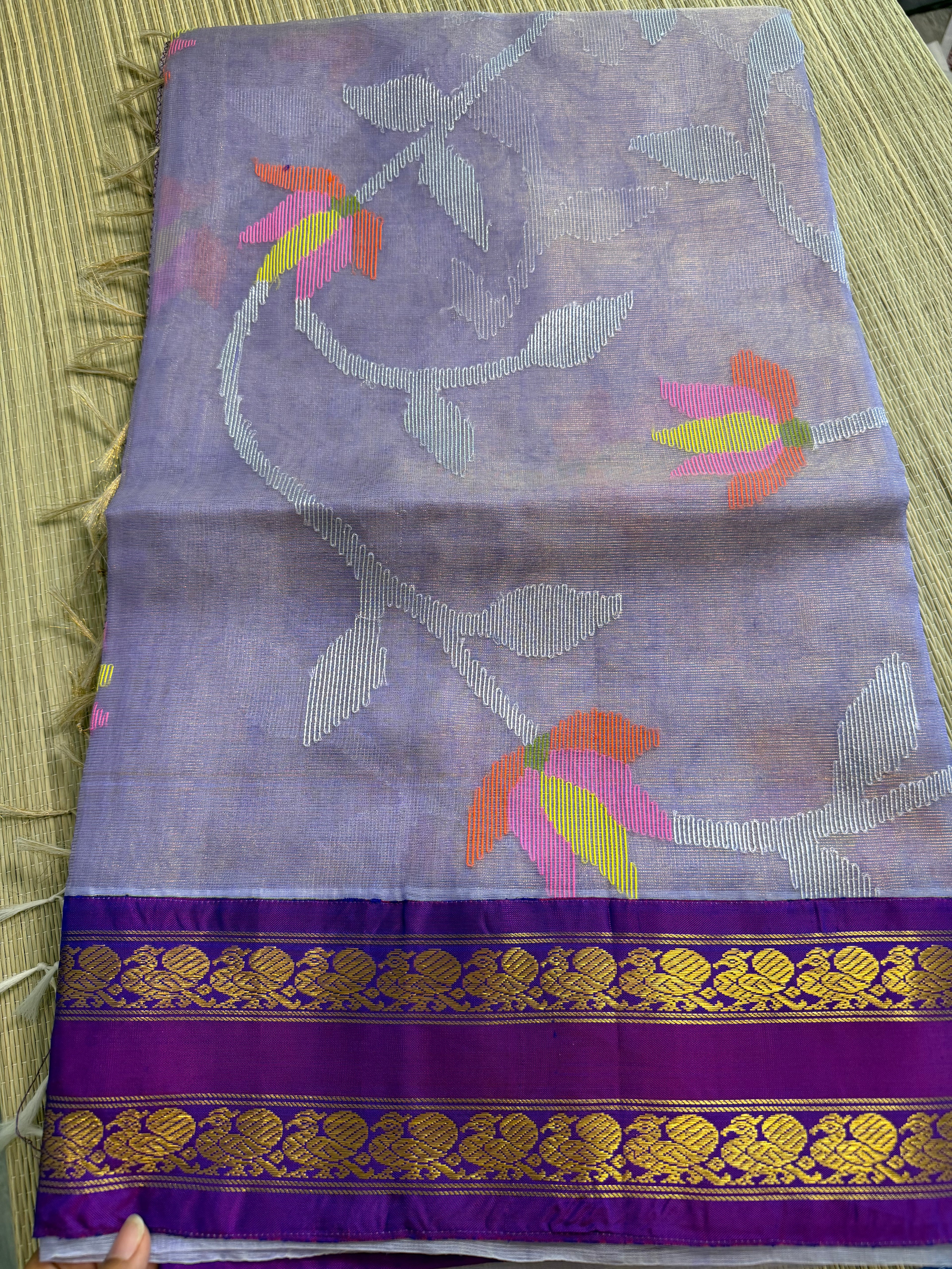 Tissue Muslin Saree with Tissue Raw Silk Embroidered Blouse -Lavendar/violet