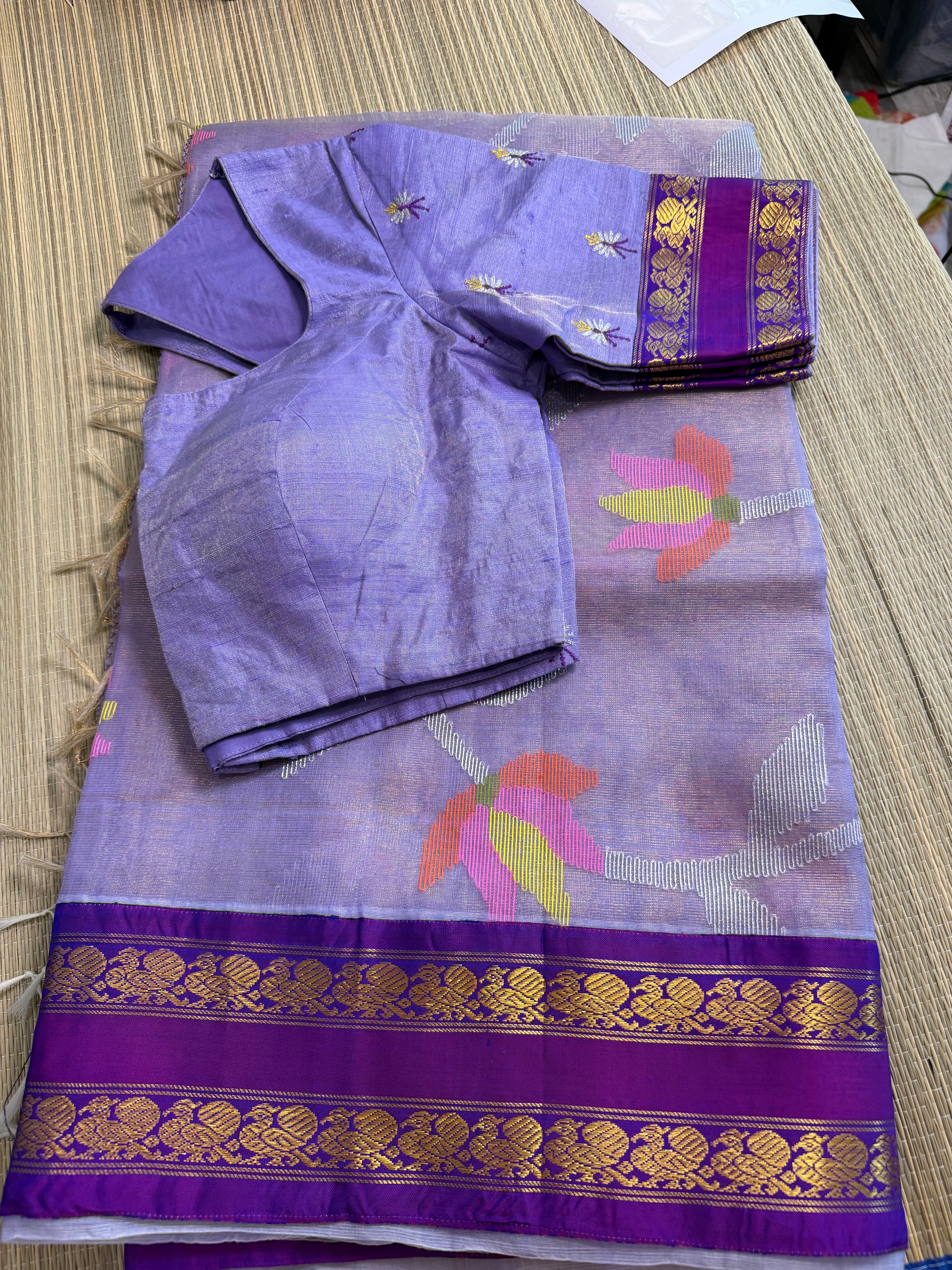 Tissue Muslin Saree with Tissue Raw Silk Embroidered Blouse -Lavendar/violet