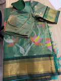 Tissue Muslin Saree with Tissue Raw Silk Embroidered Blouse - Green/Green