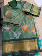 Tissue Muslin Saree with Tissue Raw Silk Embroidered Blouse - Green/Green