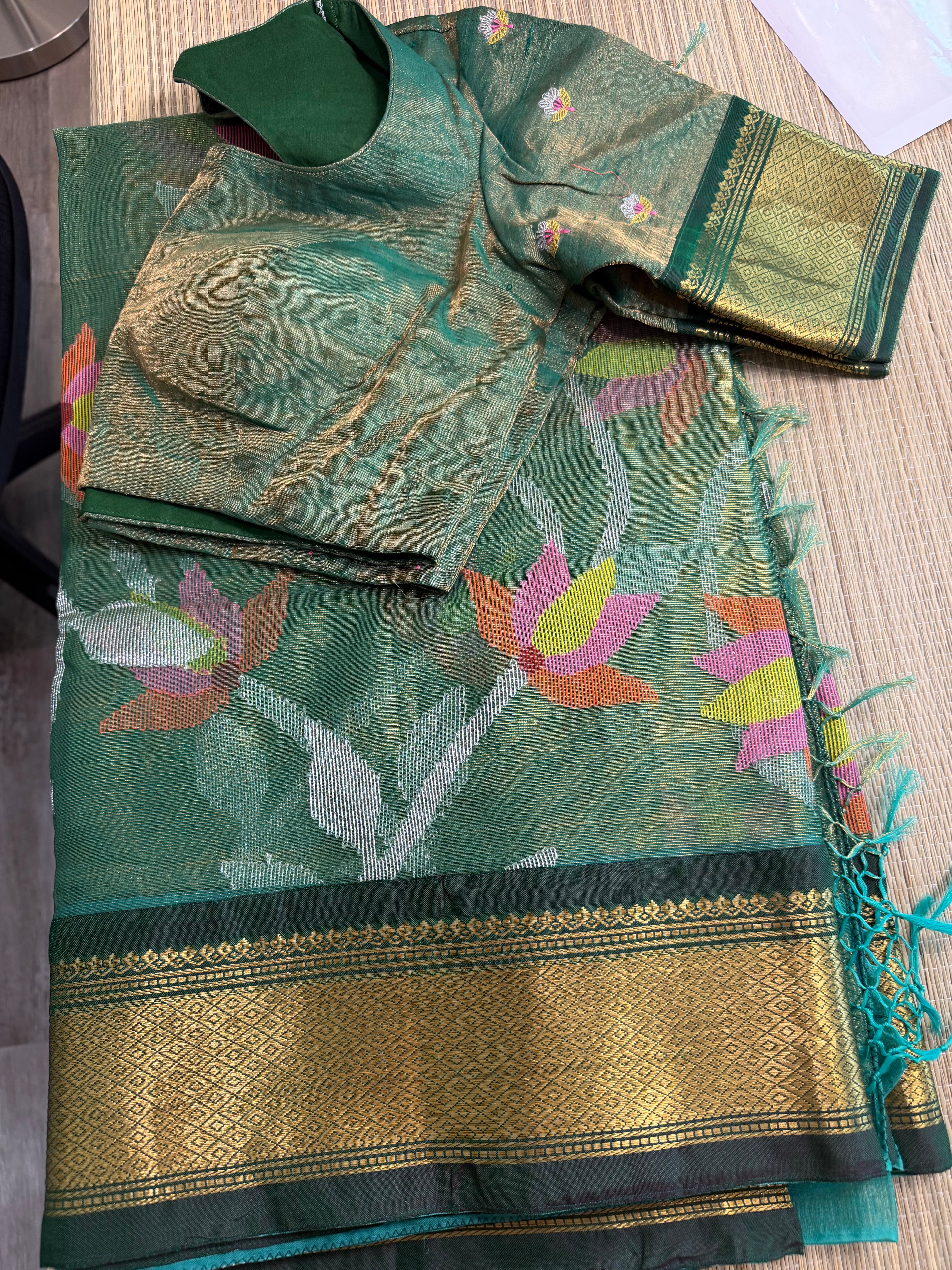 Tissue Muslin Saree with Tissue Raw Silk Embroidered Blouse - Green/Green