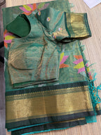 Tissue Muslin Saree with Tissue Raw Silk Embroidered Blouse - Green/Green