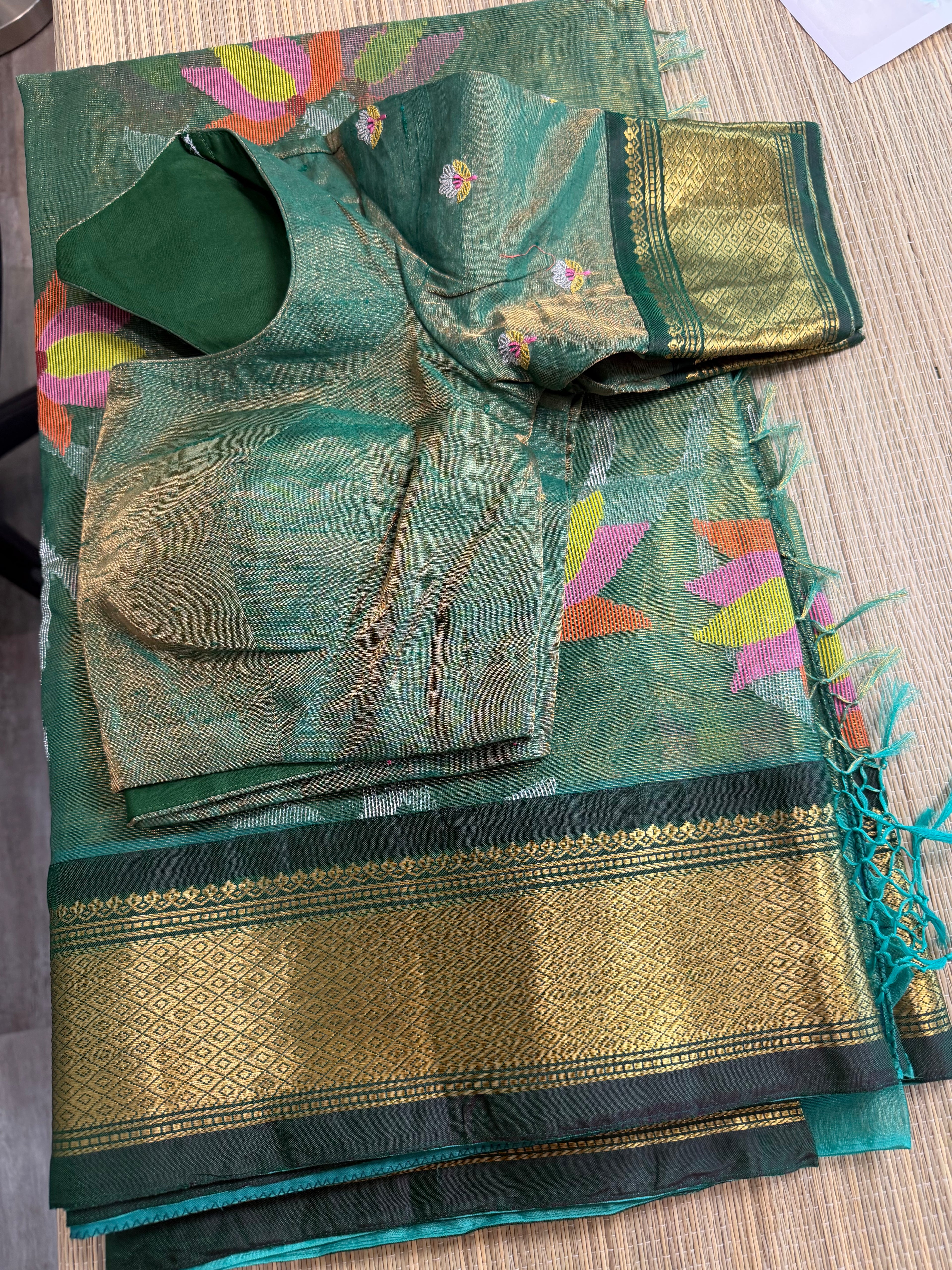 Tissue Muslin Saree with Tissue Raw Silk Embroidered Blouse - Green/Green