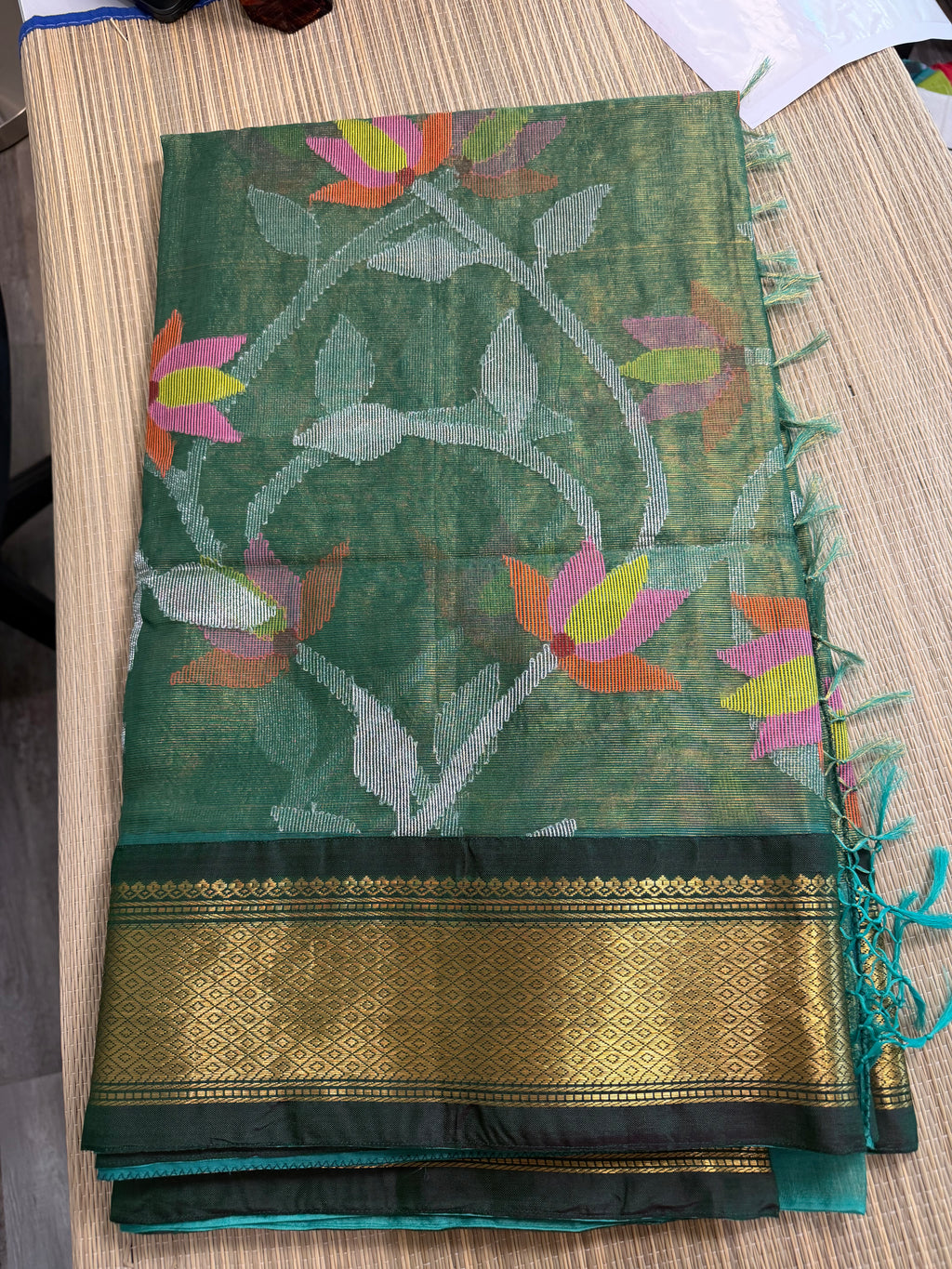 Tissue Muslin Saree with Tissue Raw Silk Embroidered Blouse - Green/Green