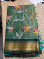Tissue Muslin Saree with Tissue Raw Silk Embroidered Blouse - Green/Green