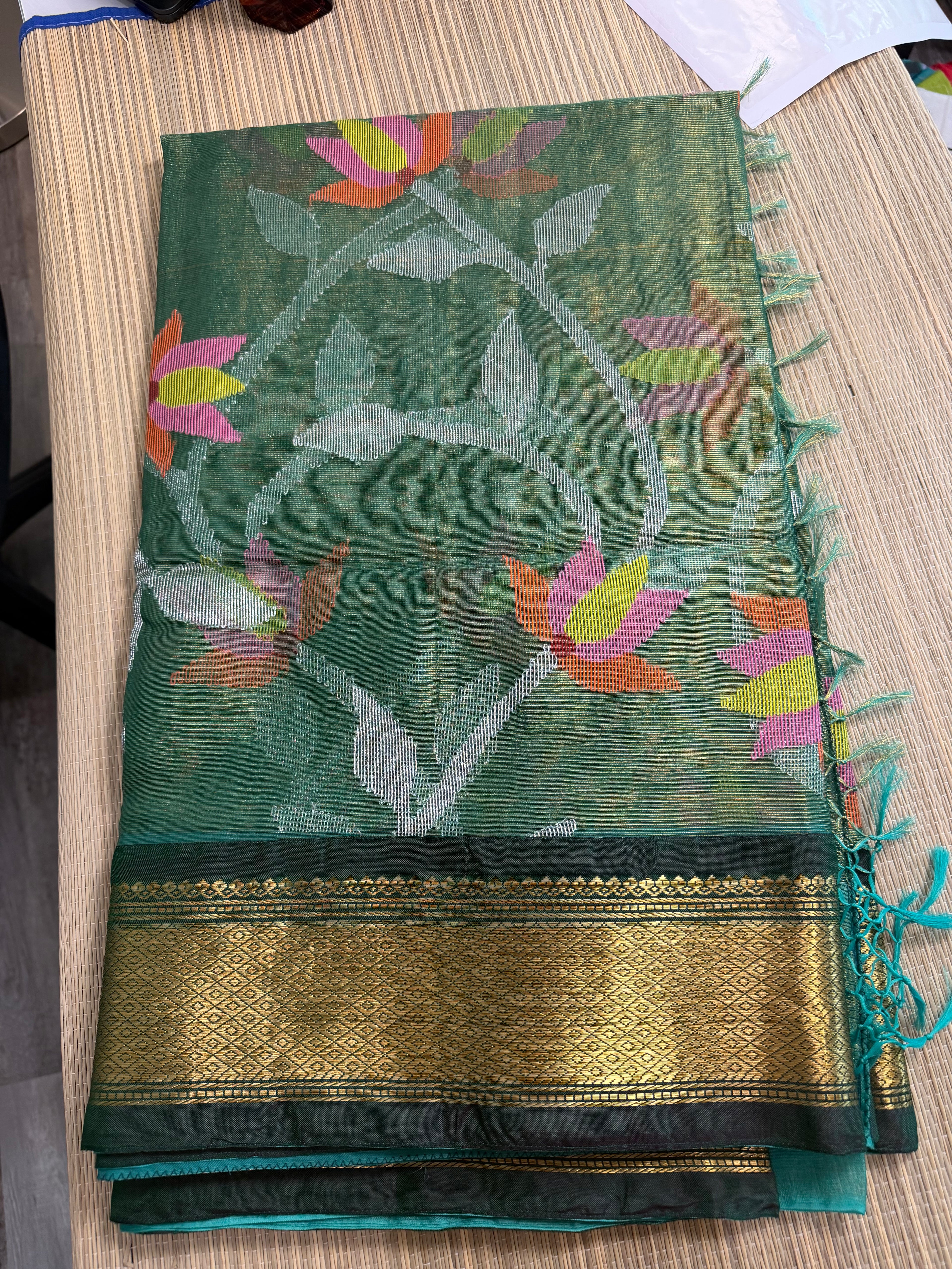 Tissue Muslin Saree with Tissue Raw Silk Embroidered Blouse - Green/Green