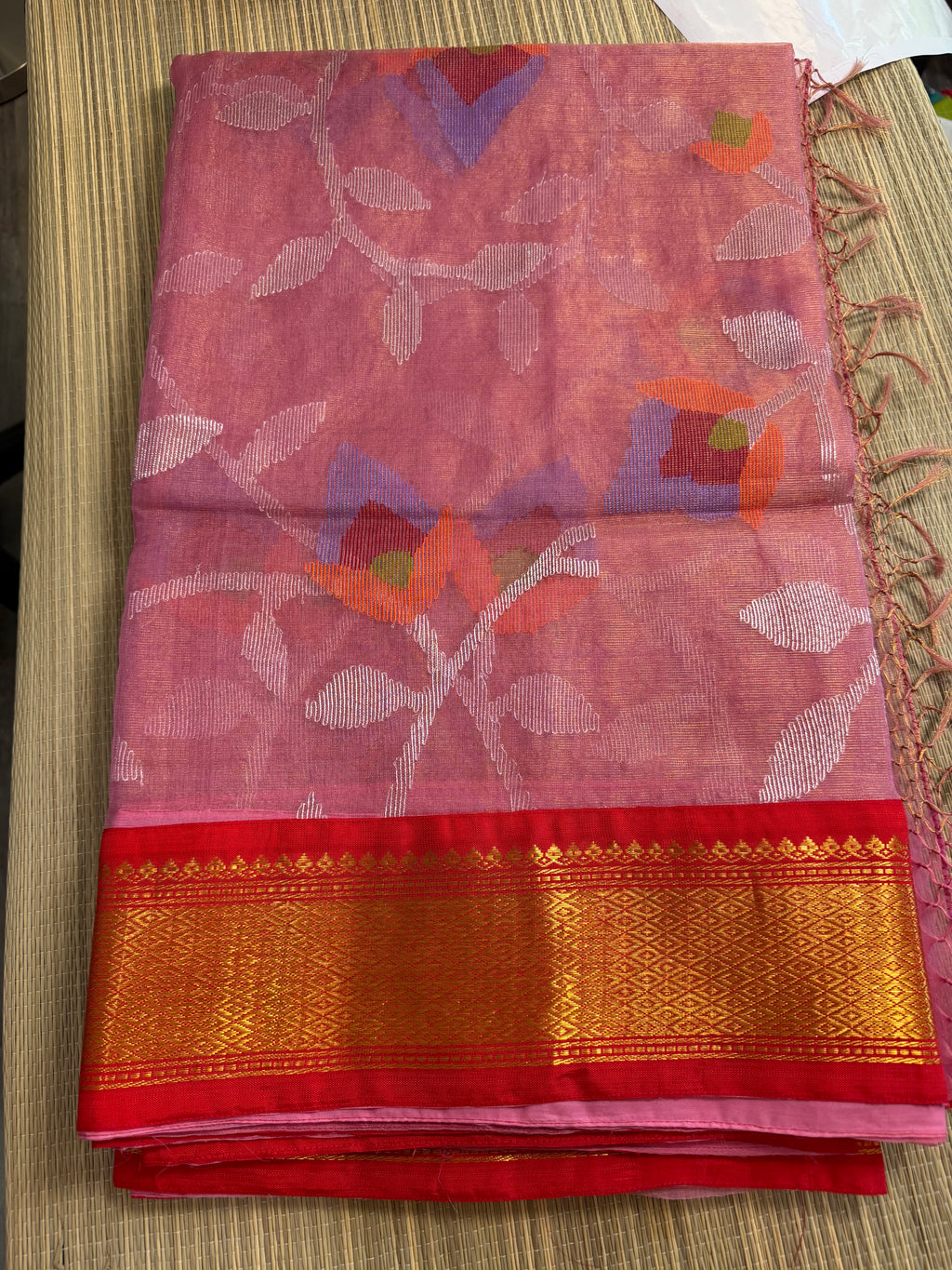 Tissue Muslin Saree with Tissue Raw Silk Embroidered Blouse - Pink/Red
