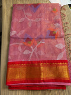 Tissue Muslin Saree with Tissue Raw Silk Embroidered Blouse - Pink/Red