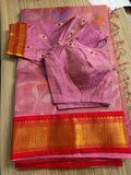 Tissue Muslin Saree with Tissue Raw Silk Embroidered Blouse - Pink/Red