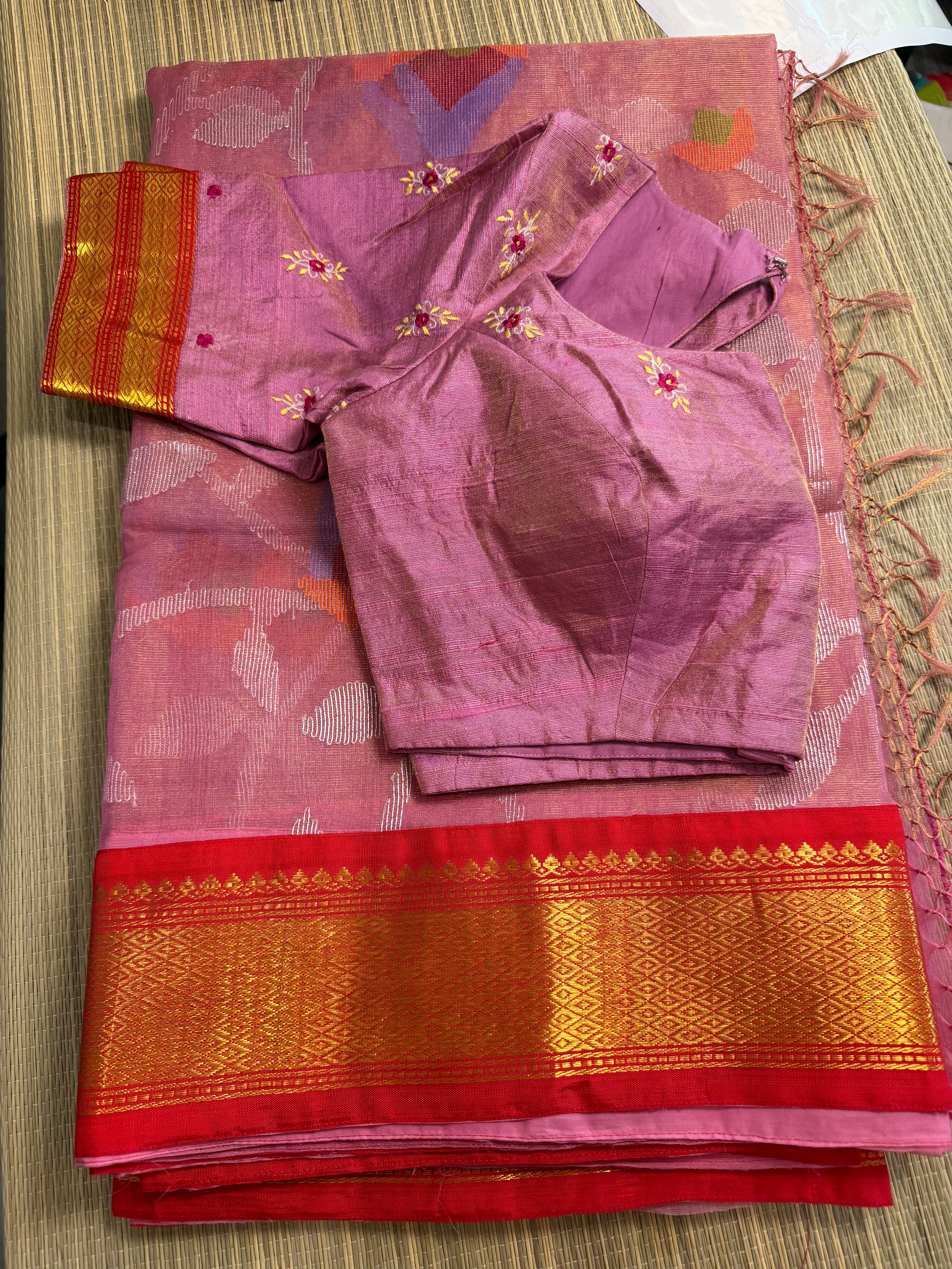 Tissue Muslin Saree with Tissue Raw Silk Embroidered Blouse - Pink/Red