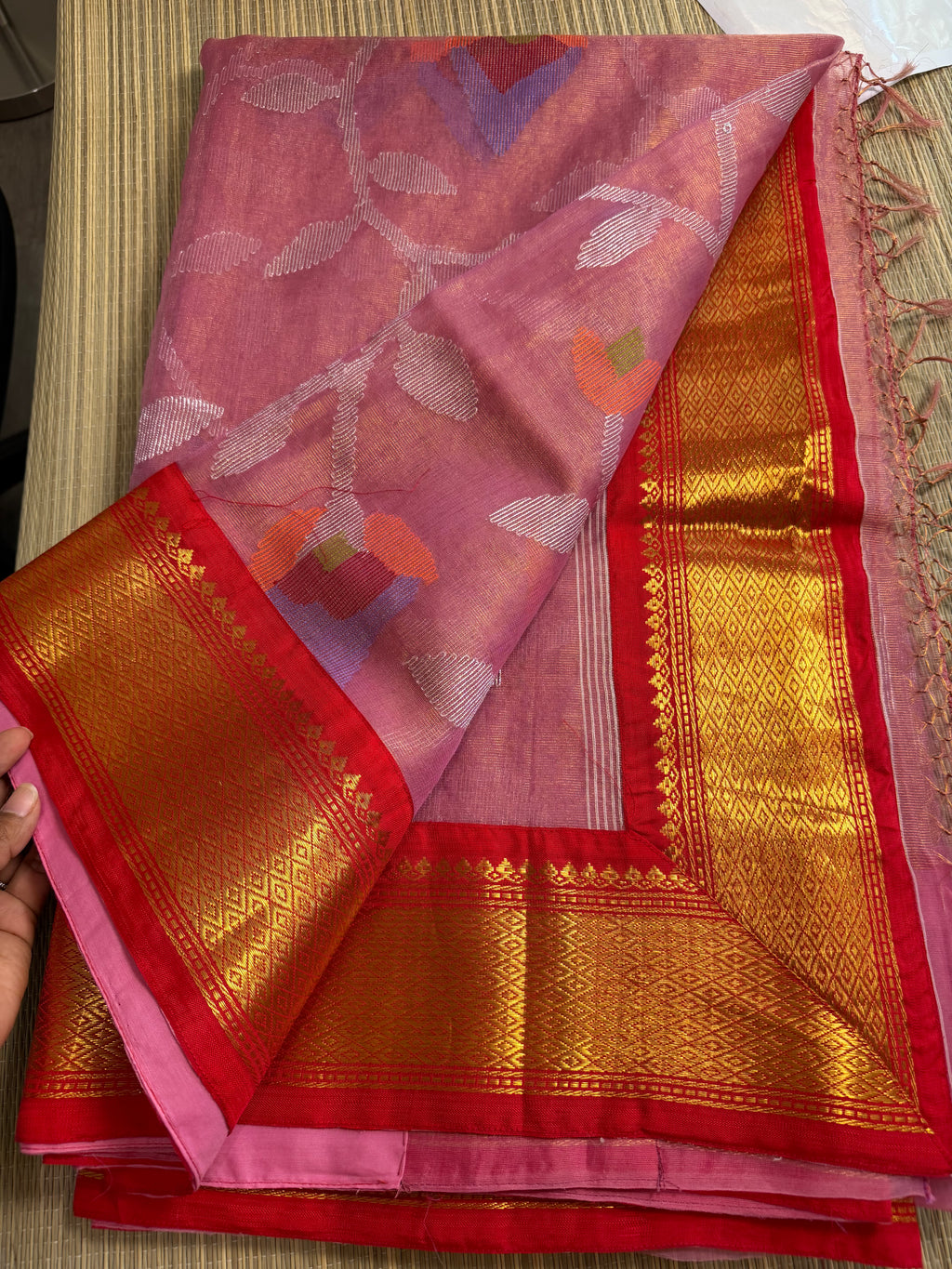 Tissue Muslin Saree with Tissue Raw Silk Embroidered Blouse - Pink/Red