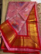 Tissue Muslin Saree with Tissue Raw Silk Embroidered Blouse - Pink/Red