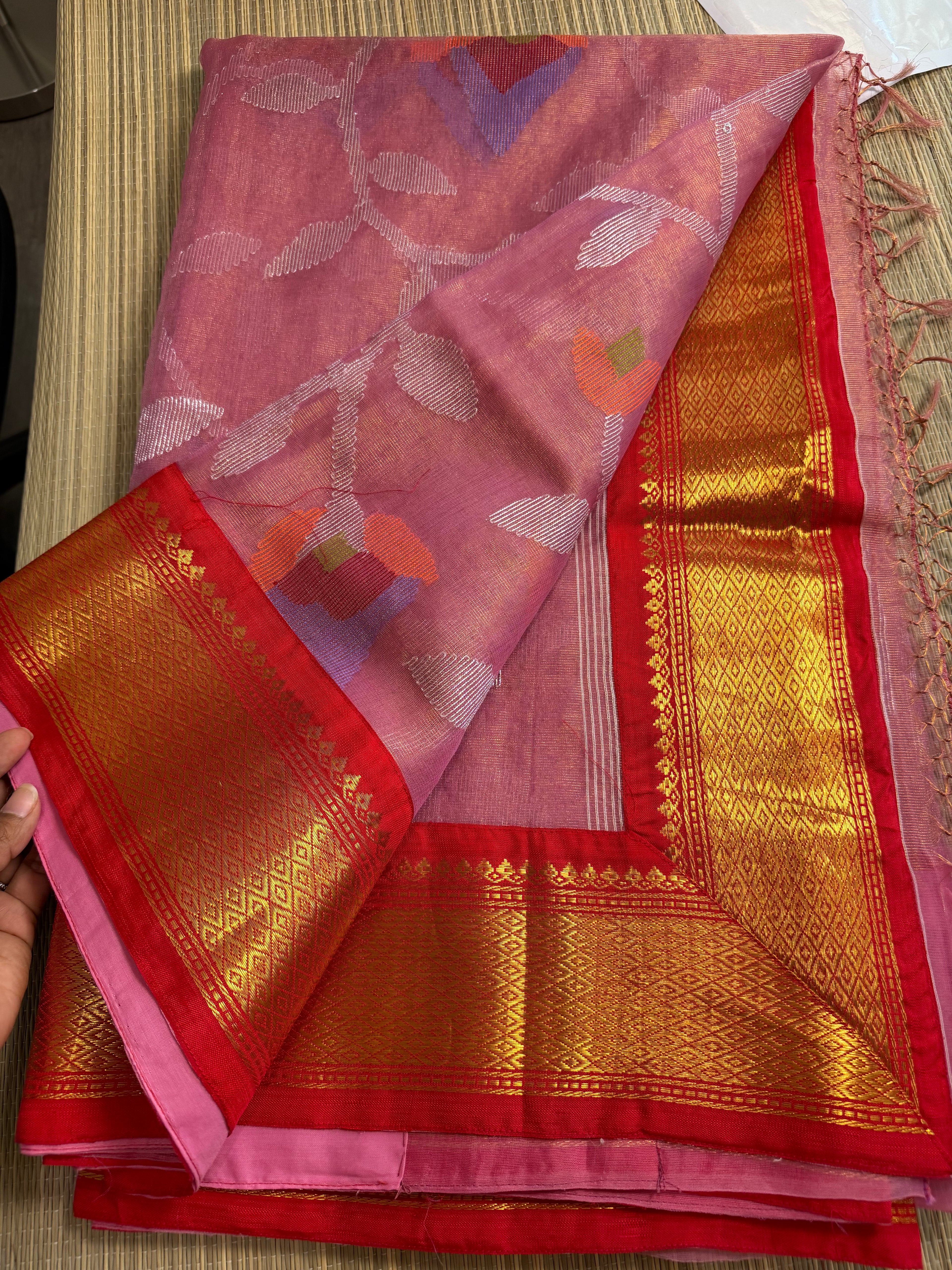 Tissue Muslin Saree with Tissue Raw Silk Embroidered Blouse - Pink/Red