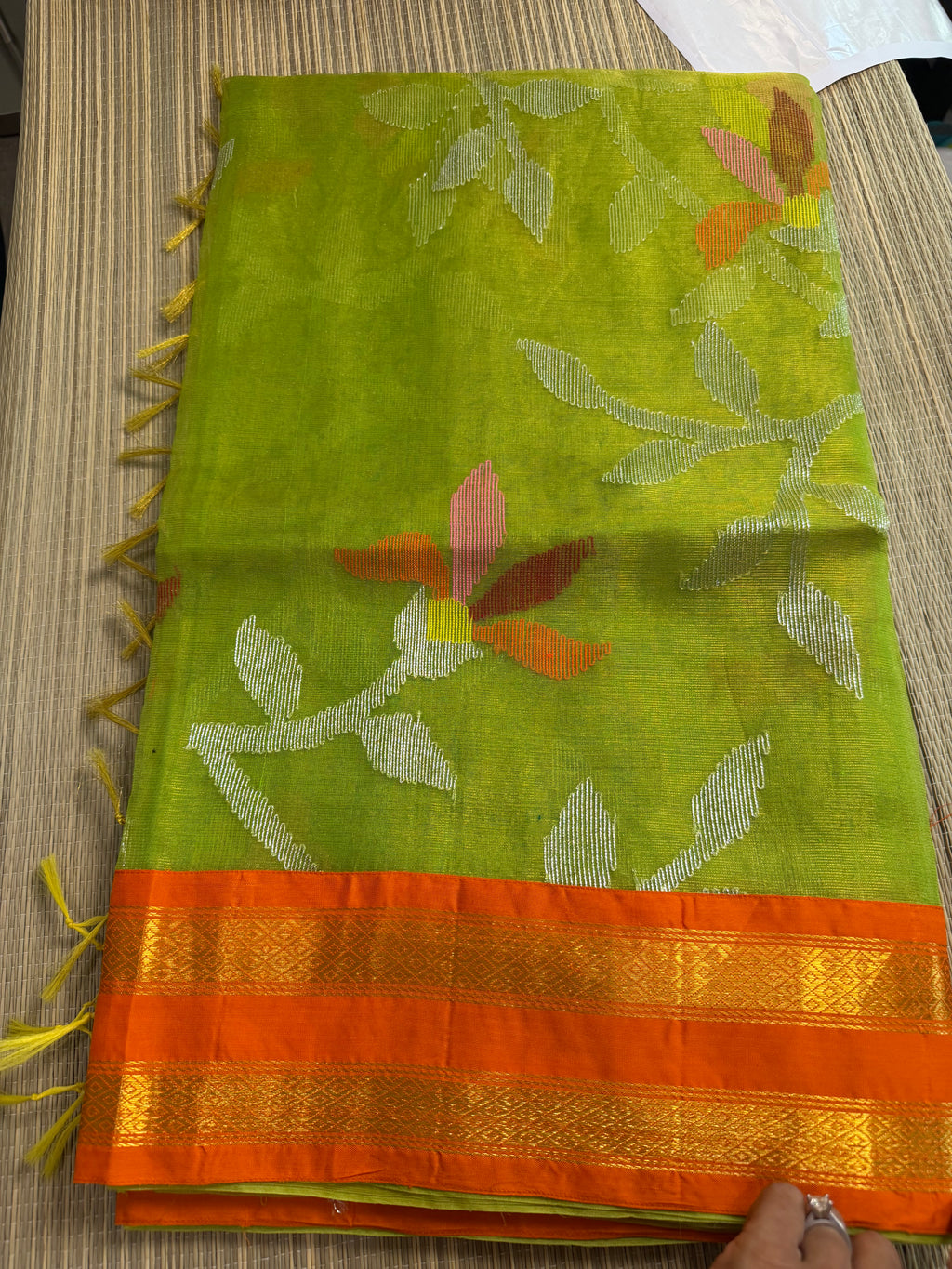 Tissue Muslin Saree with Tissue Raw Silk Embroidered Blouse -Green/Orange