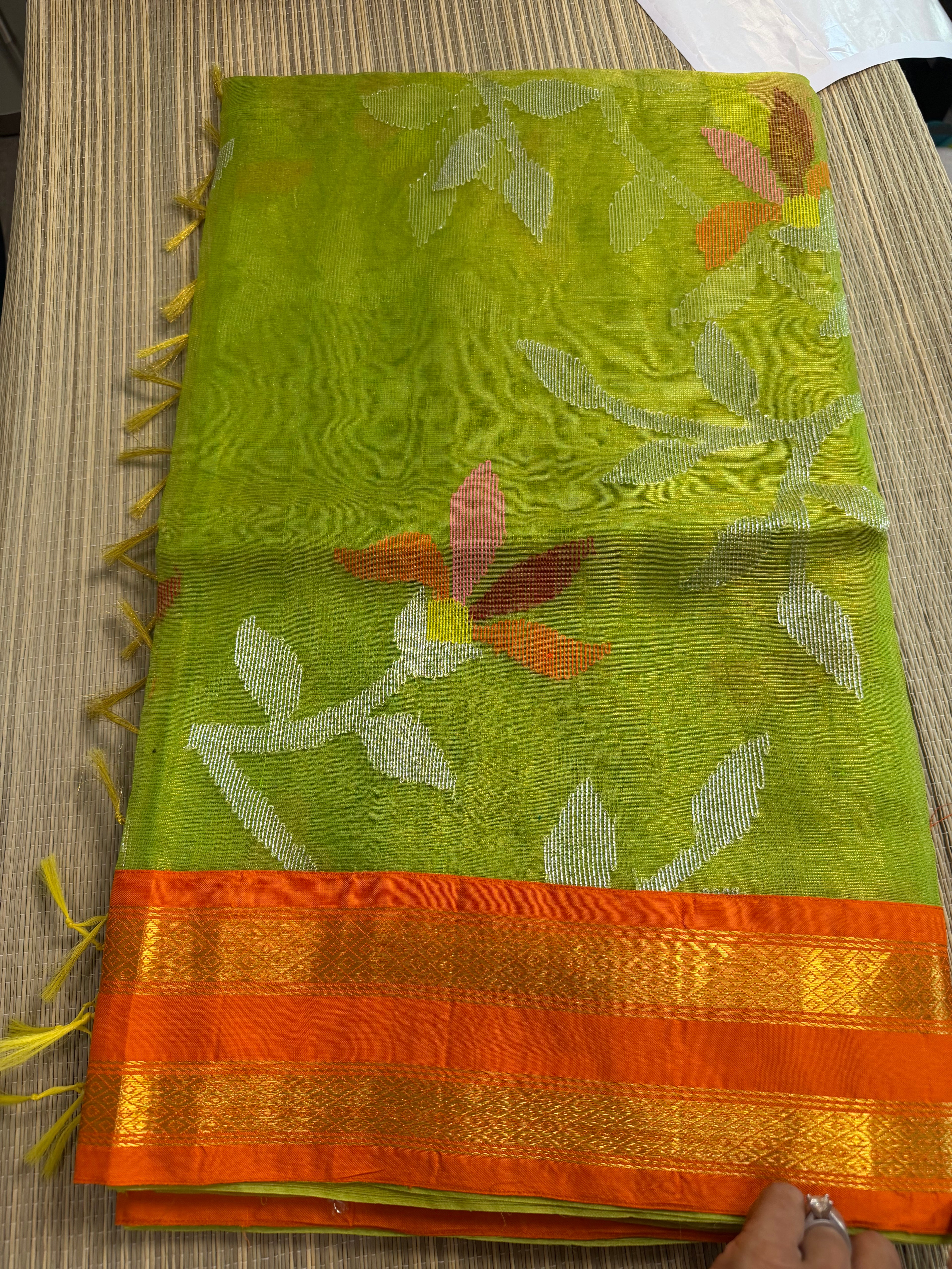Tissue Muslin Saree with Tissue Raw Silk Embroidered Blouse -Green/Orange