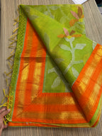 Tissue Muslin Saree with Tissue Raw Silk Embroidered Blouse -Green/Orange