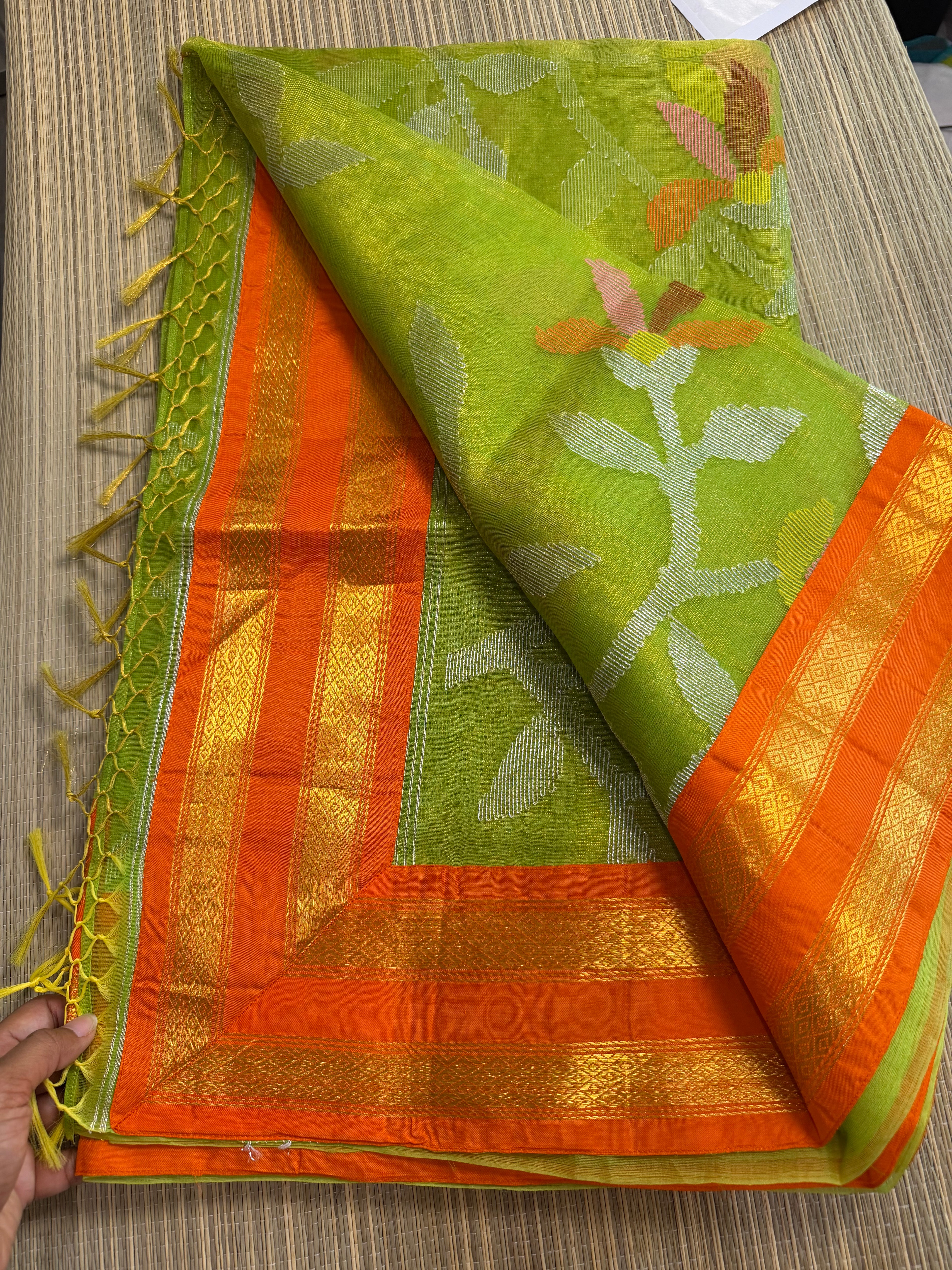 Tissue Muslin Saree with Tissue Raw Silk Embroidered Blouse -Green/Orange