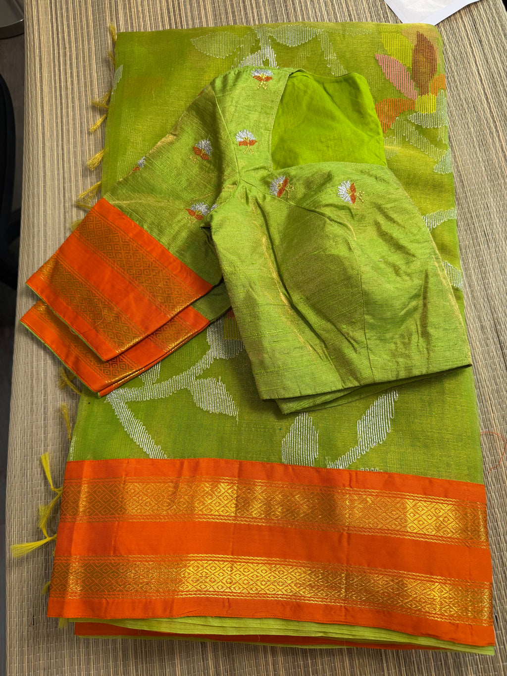 Tissue Muslin Saree with Tissue Raw Silk Embroidered Blouse -Green/Orange