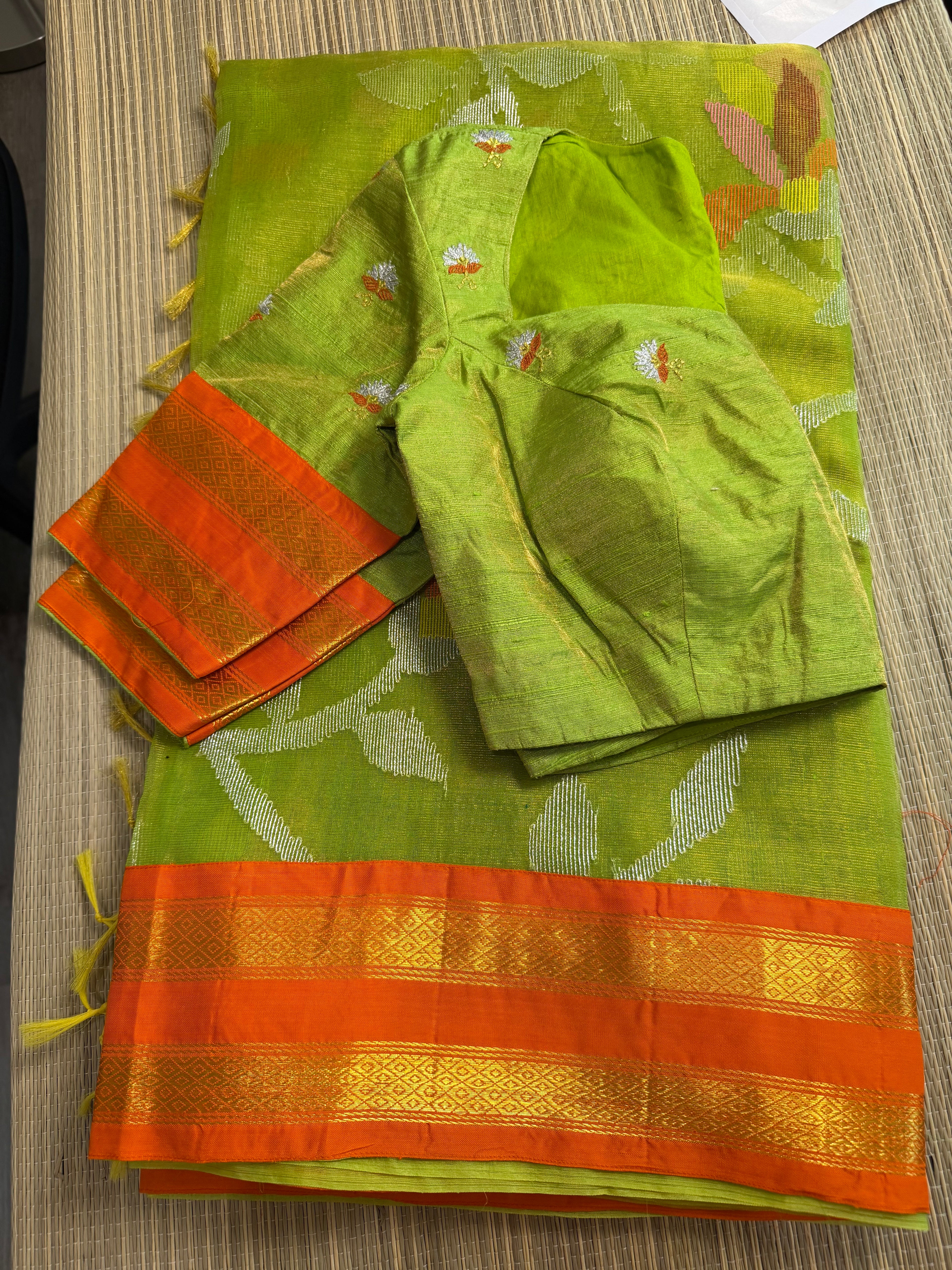 Tissue Muslin Saree with Tissue Raw Silk Embroidered Blouse -Green/Orange