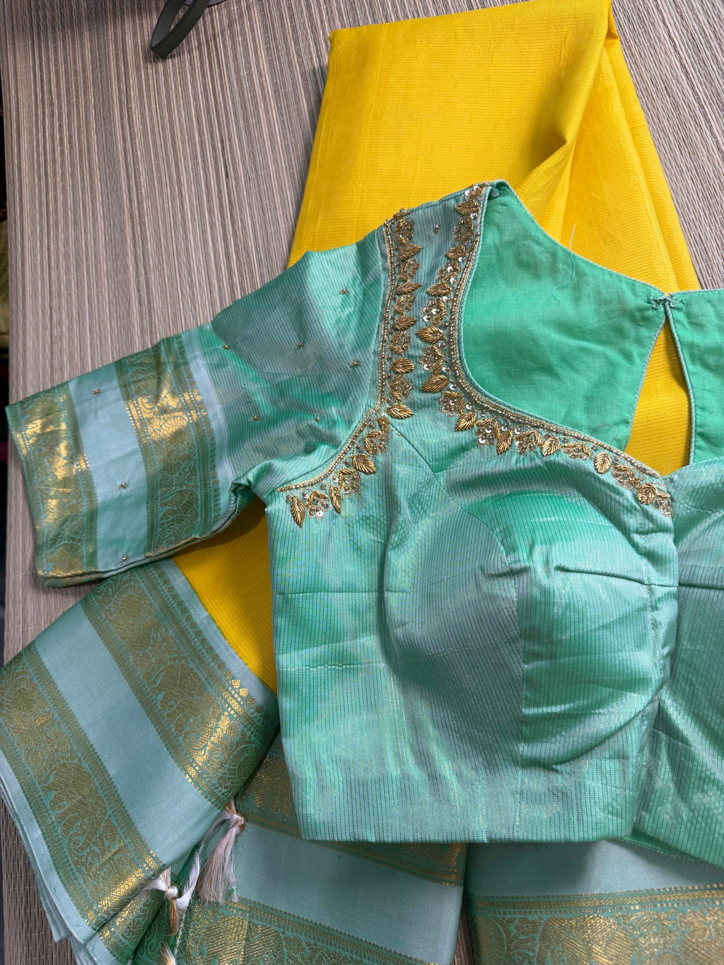 Yellow Kanchipuram Silk Saree with Mint Green Zari Border