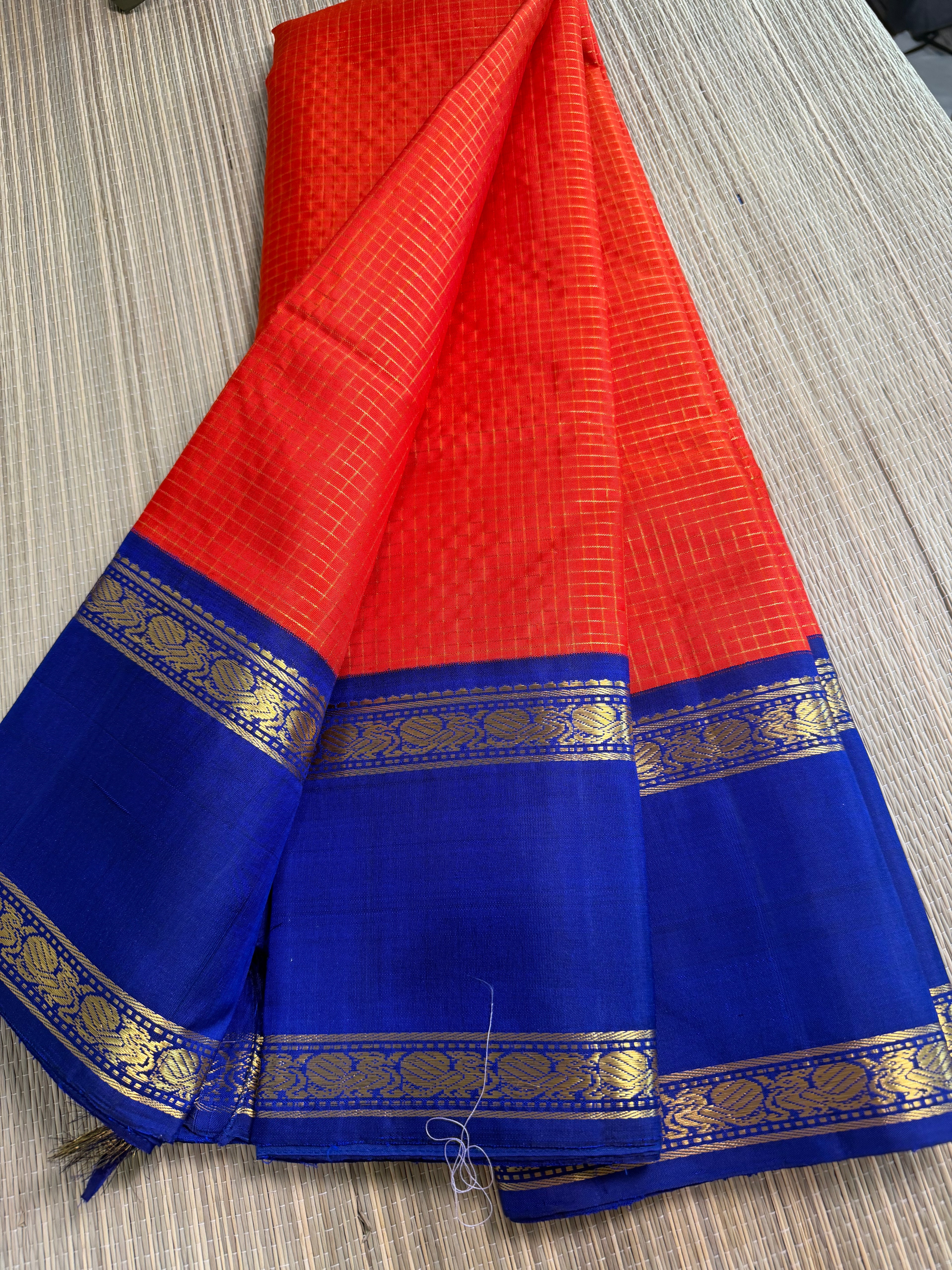 Orange & Blue Kanchipuram Silk Saree with Embroidered Blouse