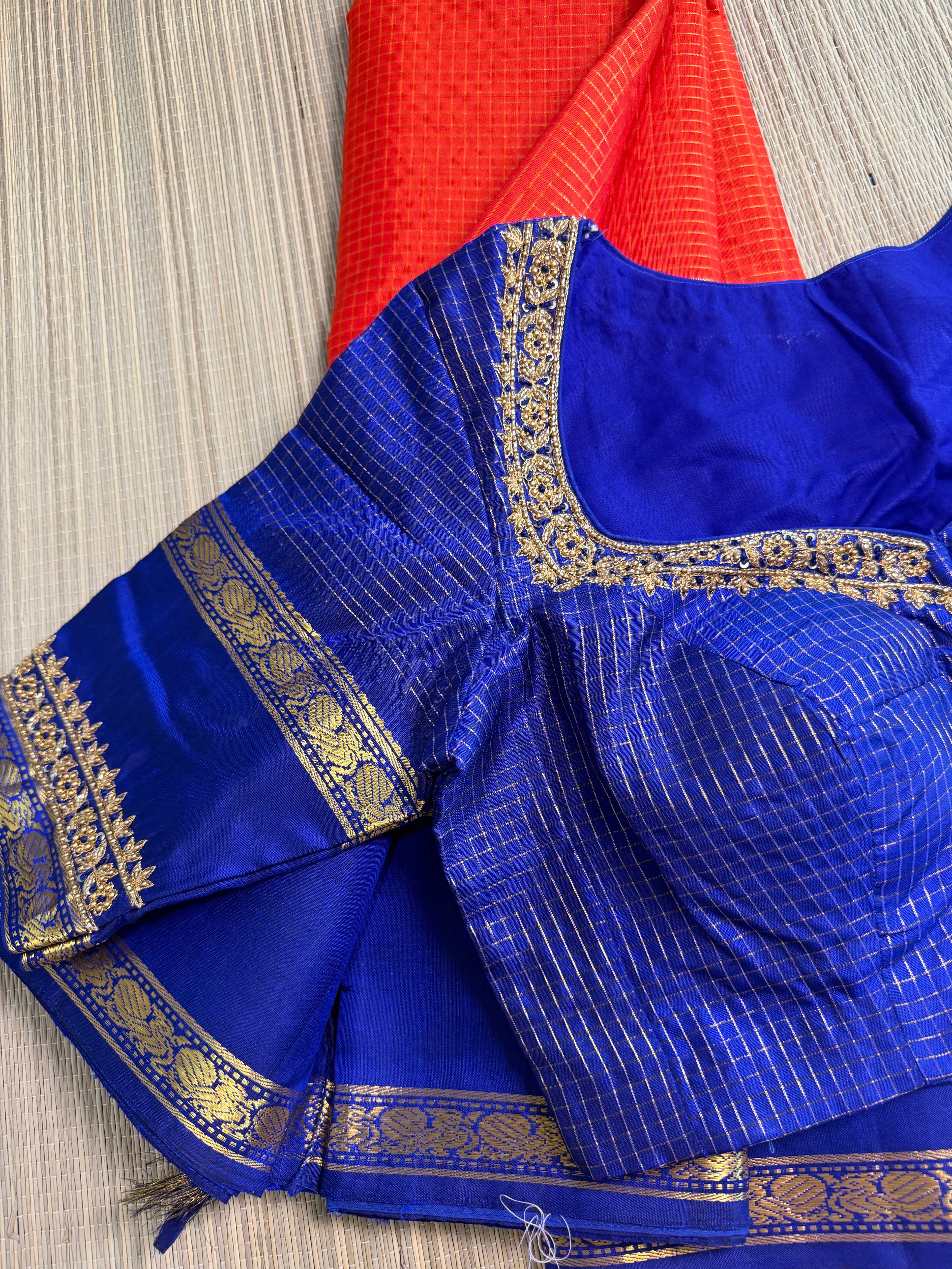Orange & Blue Kanchipuram Silk Saree with Embroidered Blouse