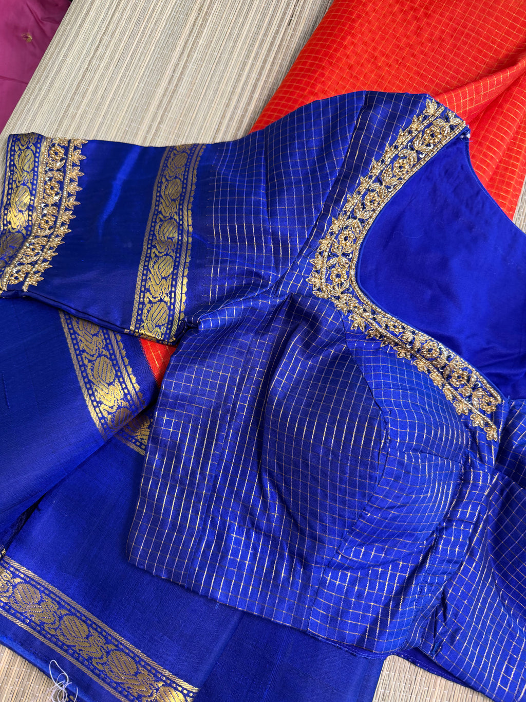 Orange & Blue Kanchipuram Silk Saree with Embroidered Blouse
