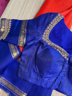 Orange & Blue Kanchipuram Silk Saree with Embroidered Blouse