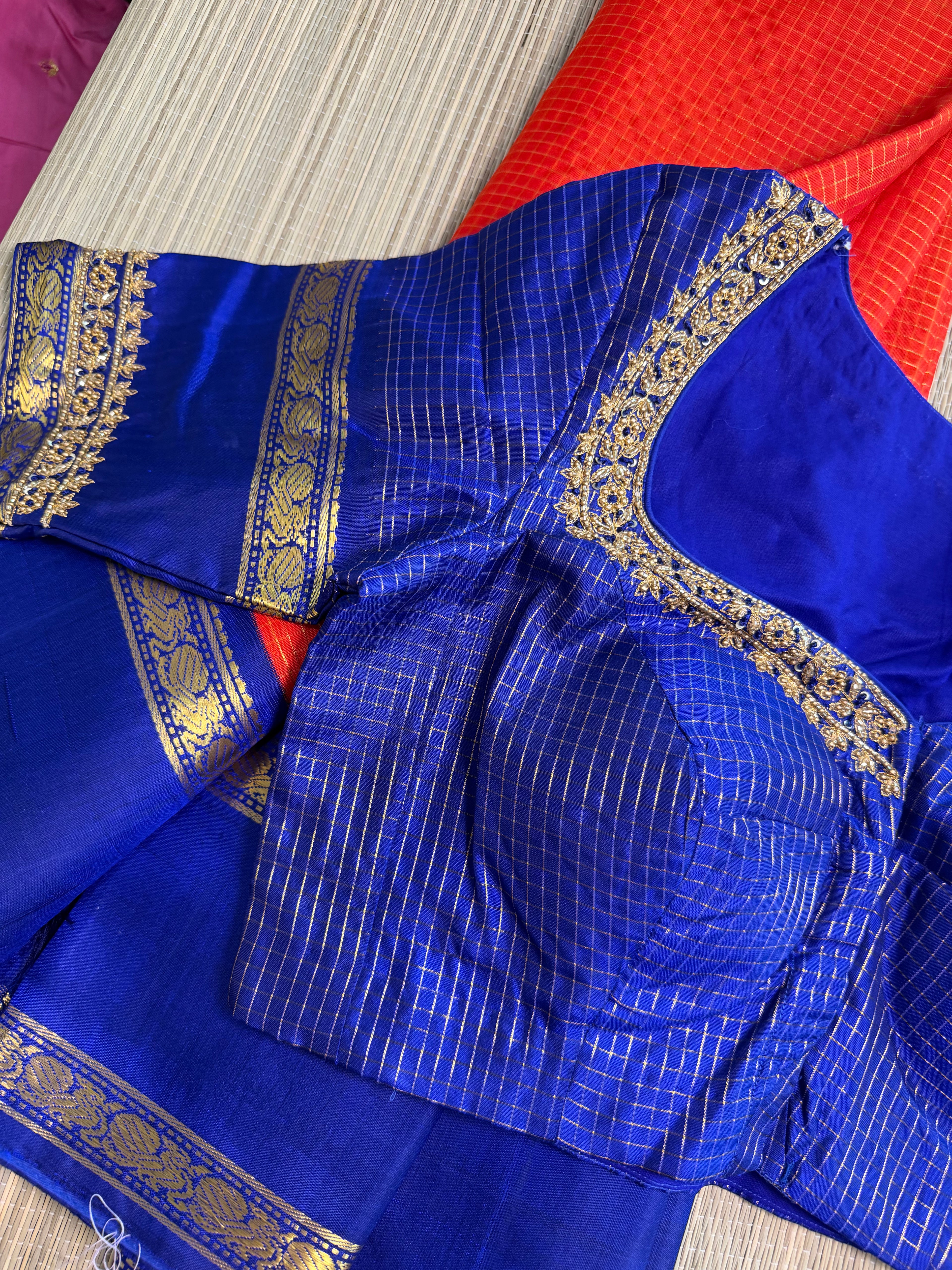 Orange & Blue Kanchipuram Silk Saree with Embroidered Blouse